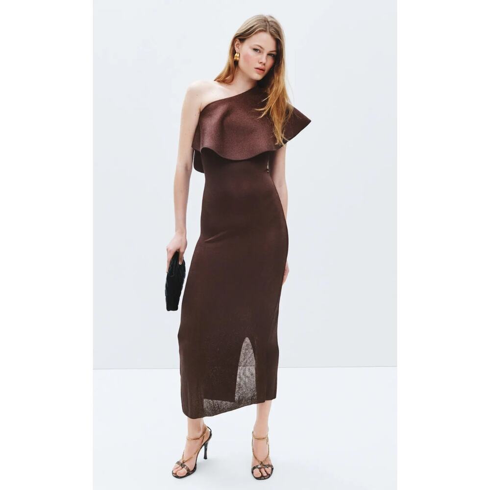 Altuzarra Knit Vivi Dress with Satin Ruffle in Charred Oak